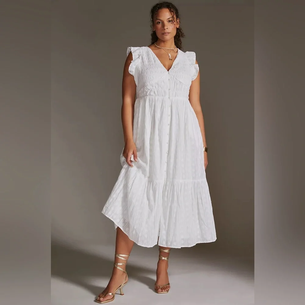 Anthropologie The Peregrine Smocked Ruffle Midi Dress